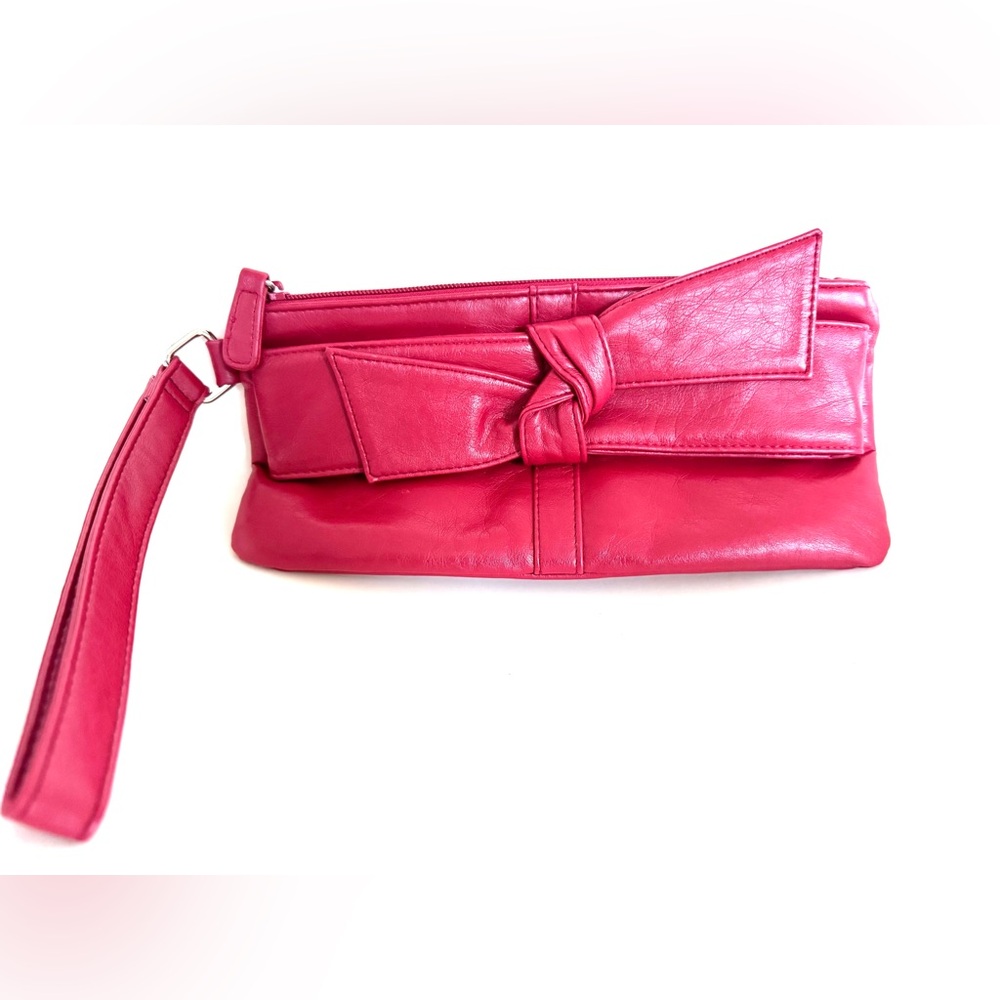 Red Faux Leather Clutch Purse with Bow Detail & Wrist Strap
